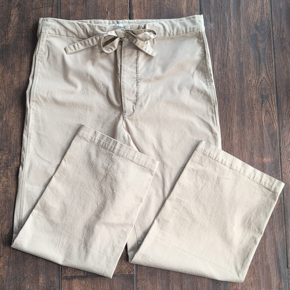 Zara Khaki Button Up Wide Leg Pants Cinch Tie Waist w/ Pockets - Women's Medium
